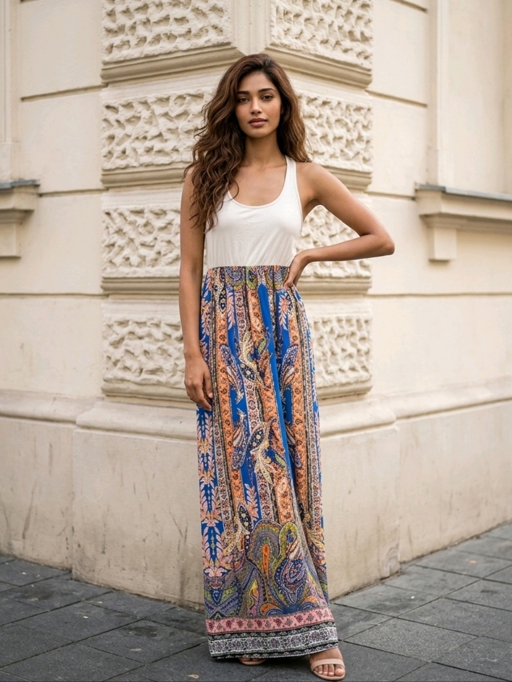 Paisley Maxi Dress Small – Sleeveless Knit Tank Top Boho Style Earthy Colorful